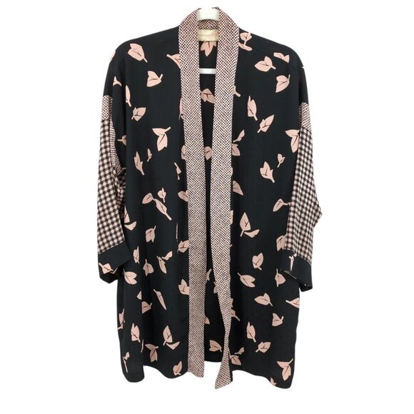 Vintage Patti Cappalli California Kimono Cover Up Jacket Leaves Plaid Black Pink - Picture 1 of 7